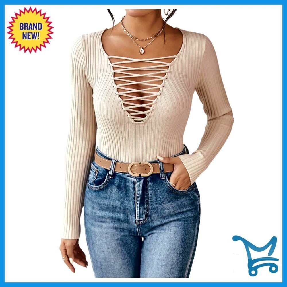 Criss Cross Front Cutout Deep V Neck Long Sleeve Ribbed Knit Sweater Top